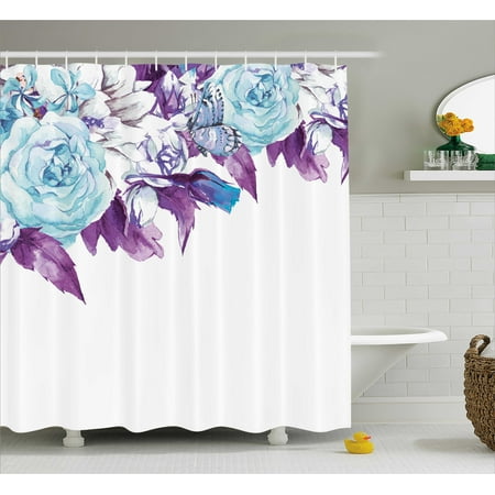 - Floral Shower Curtain, Vintage Classic Flower Petals Bridal Wedding Romance Shabby Chic Design Art, Fabric Bathroom Set with Hooks, 69W X 70L Inches, Light Blue Purple, by Ambesonne