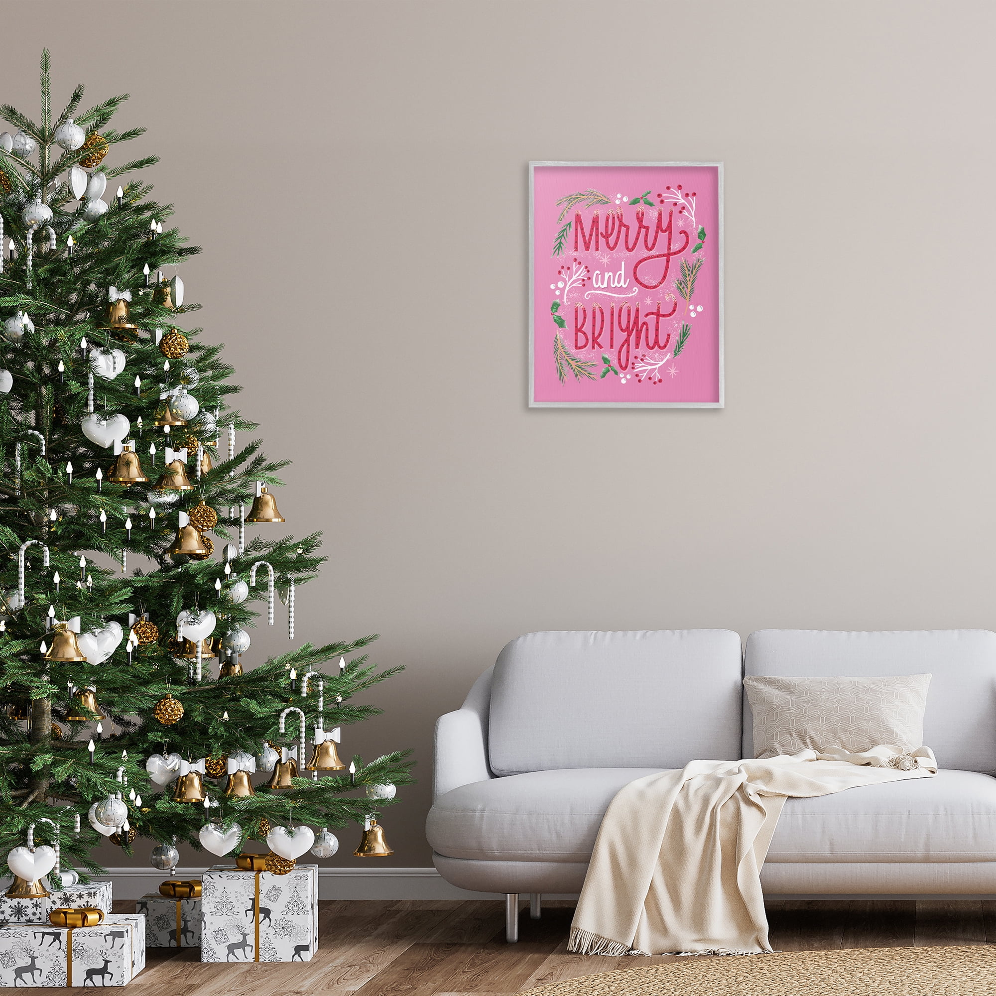 Stupell Industries Merry and Bright Pink Pine Holiday Painting Gray Framed Art Prints Wall Art, 24 x 30