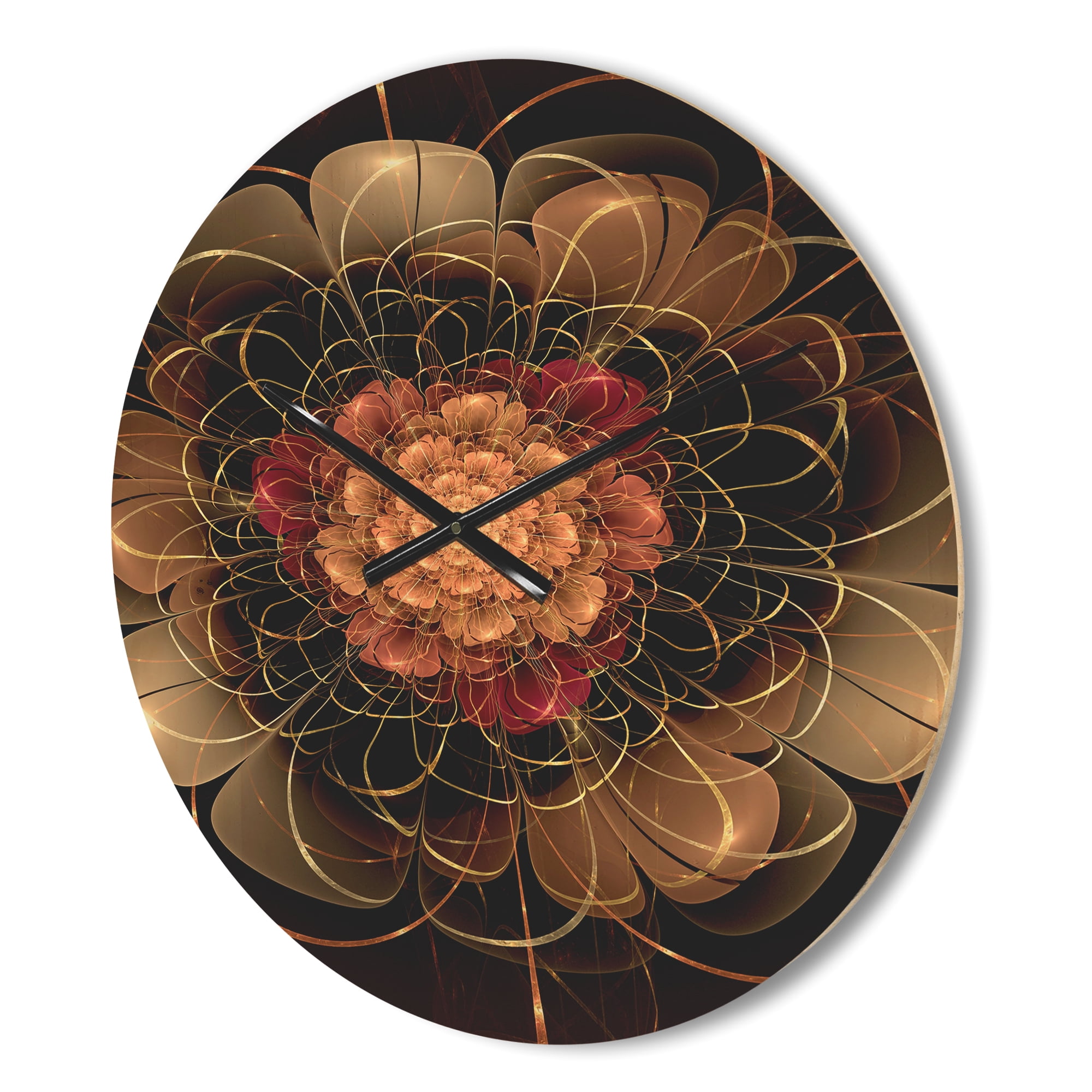 Designart 'Red Dark Gold Fractal Flower Pattern ' Modern Wood Wall Clock