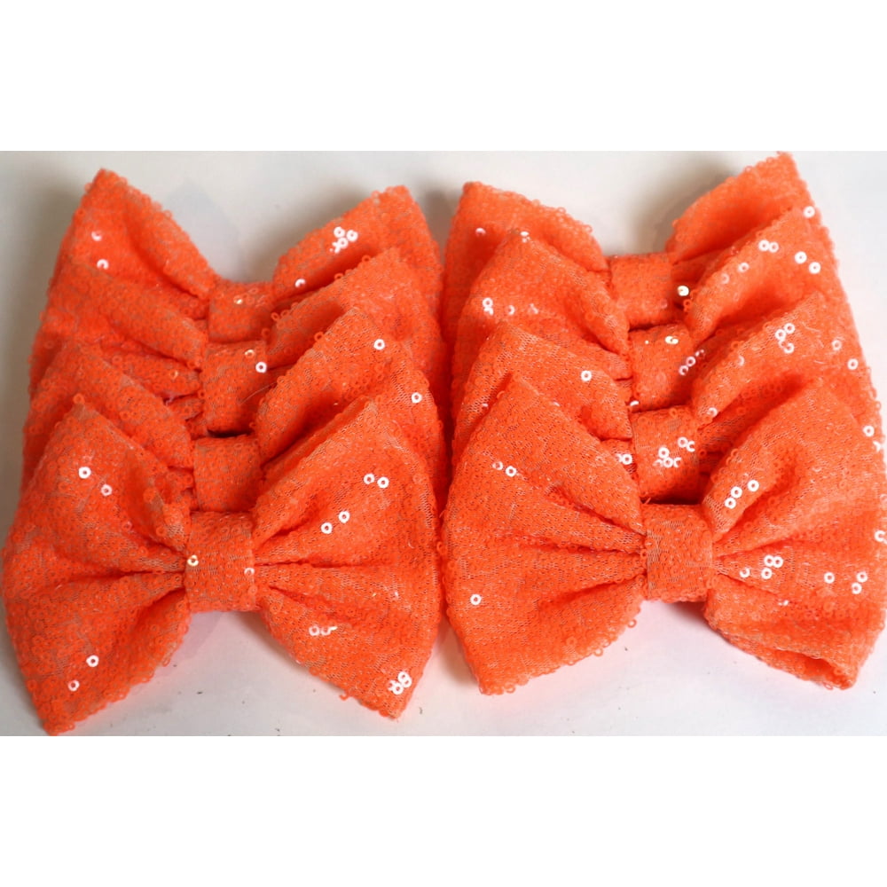 Set of 12 Orange Sequin Bows 5 Inches Large Glitter Bows Wholesale Bows
