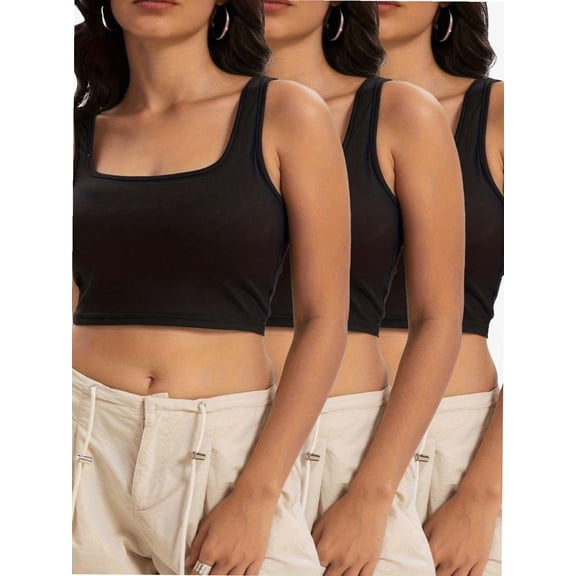 3-pack Black Women's Sleeveless Strappy Tank Square Neck Double Layer Workout Fitness Casual Basic Crop Tops