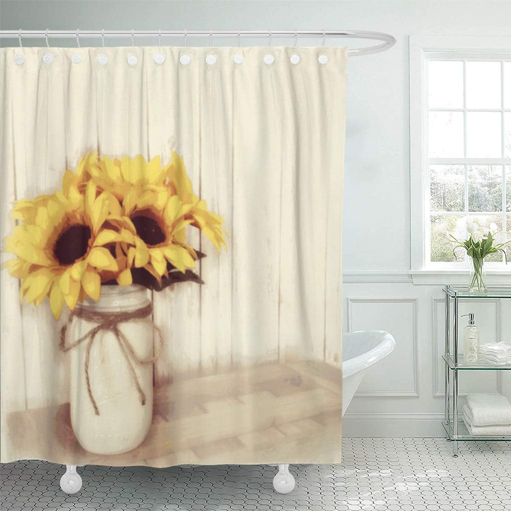 US STOCK Rustic Wooden Planks Sunflowers Bathroom Fabric Shower Curtain Hooks 