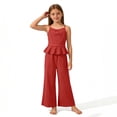 thumbnail image 3 of FRSASU Girls 2 Piece Sets Sleeveless Ruffled Hem Pleated Tops and Wide Leg Pants Summer Outfit Clothes for 4-15 Years Red, 3 of 9