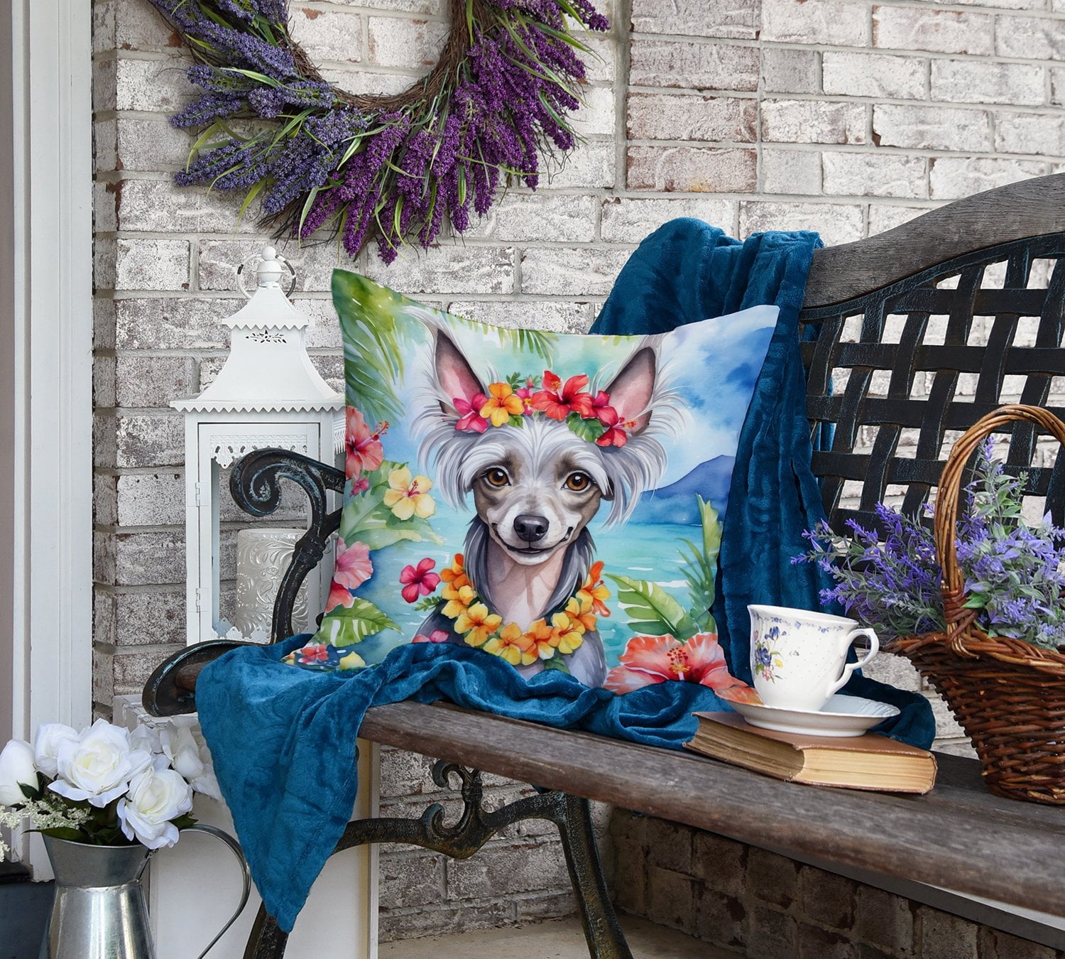 Chinese Crested Luau Throw Pillow 18 in x 18 in