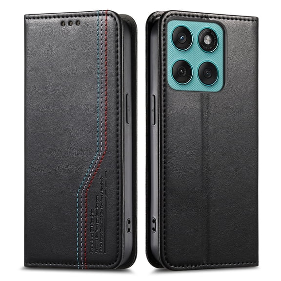 For Motorola Edge (2024) Phone Case,Three-color Thread Design,Anti-Scratch PU Leather Flip Folding Kickstand,With Card Slots,Folio Magnetic Closure,Shockproof Drop protection Phone Case,Black