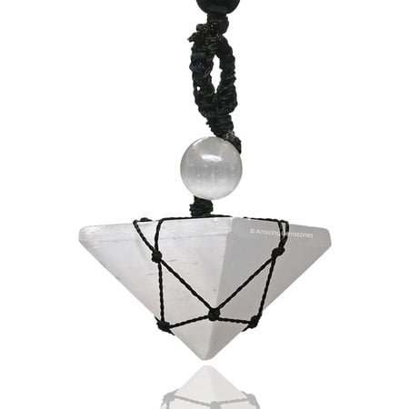 Selenite Crystal Pyramid Macrame Necklace, Unique Women Men Pendant