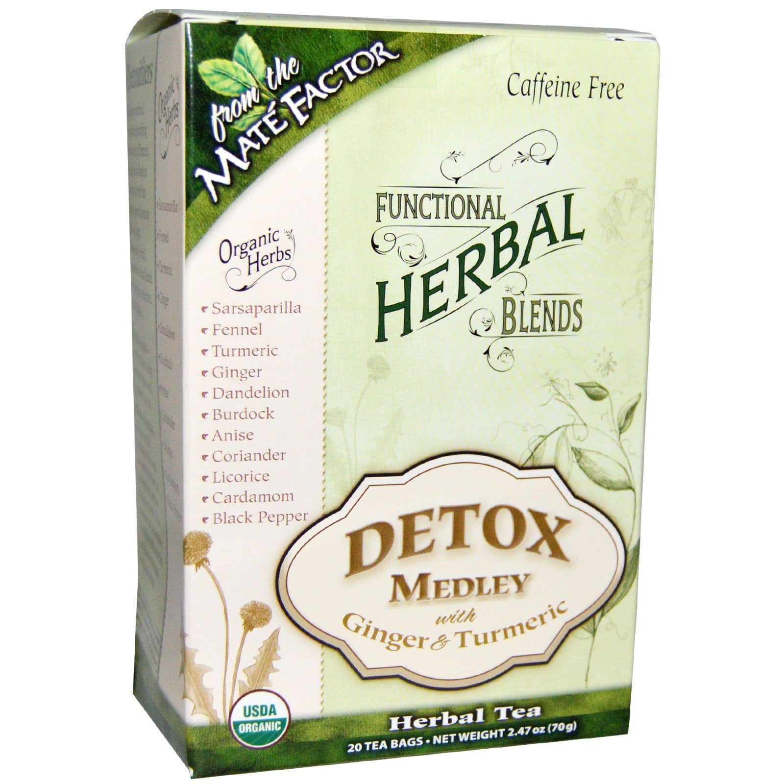 Mate Factor  Organic Functional Herbal Blends  Detox Medley with Ginger and Turmeric  20 Tea Bags   3 5 g  Each