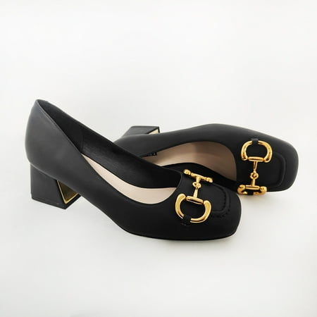

Women‘s Metal Decor Block Heel Shoes Soft-sole Square Toe Mid Heels Retro Solid Color Shoes