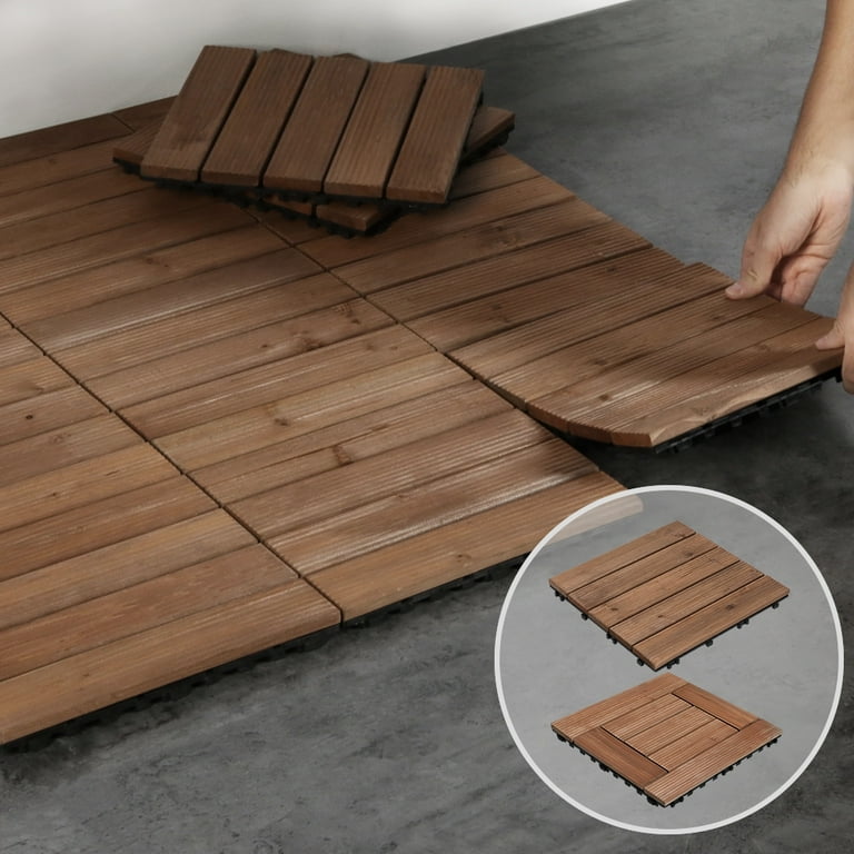 Easyfashion 12 inch x 12 inch Interlocking Wooden Floor Tiles Outdoor and Indoor 27 Pieces Brown Size 12.1 x 12.1 x 0.9 Inc
