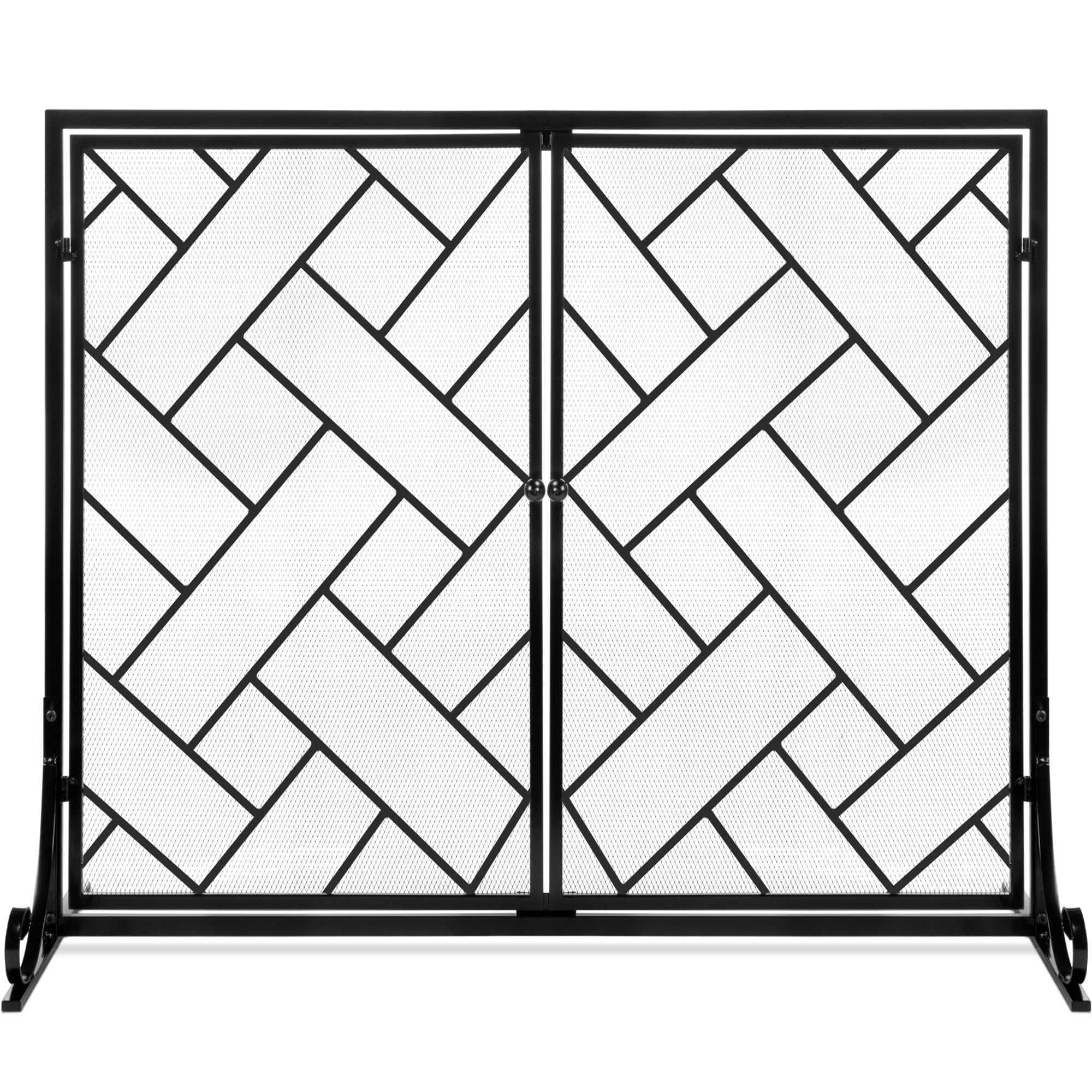 Best Choice Products 44x33in 2-Panel Handcrafted Wrought Iron Geometric Fireplace Screen w/ Magnetic Doors - Black