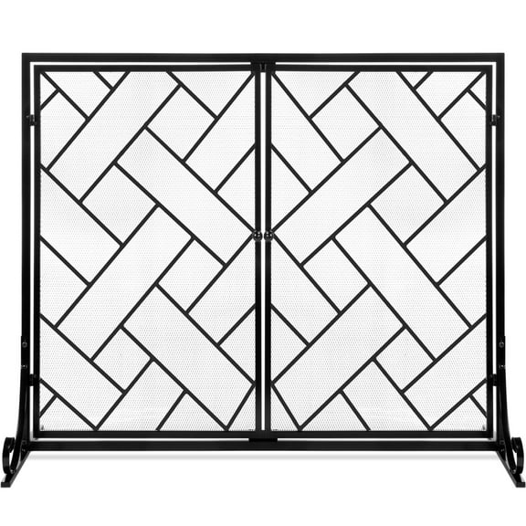 Best Choice Products 44x33in 2-Panel Handcrafted Wrought Iron Geometric Fireplace Screen w/ Magnetic Doors - Black