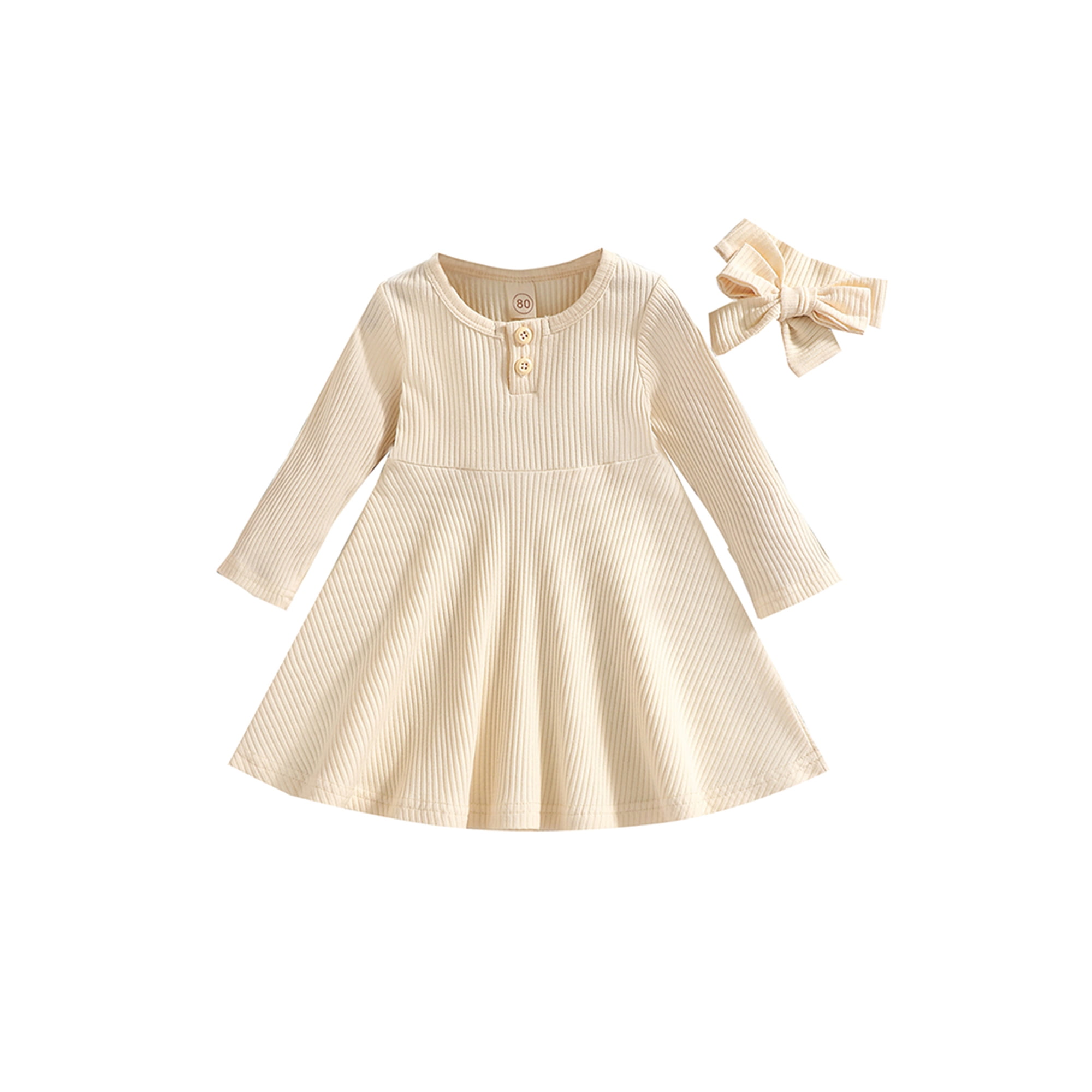 Honganda Robe Tricotée pour Bébé Fille Robe Côtelée Couleur Unie