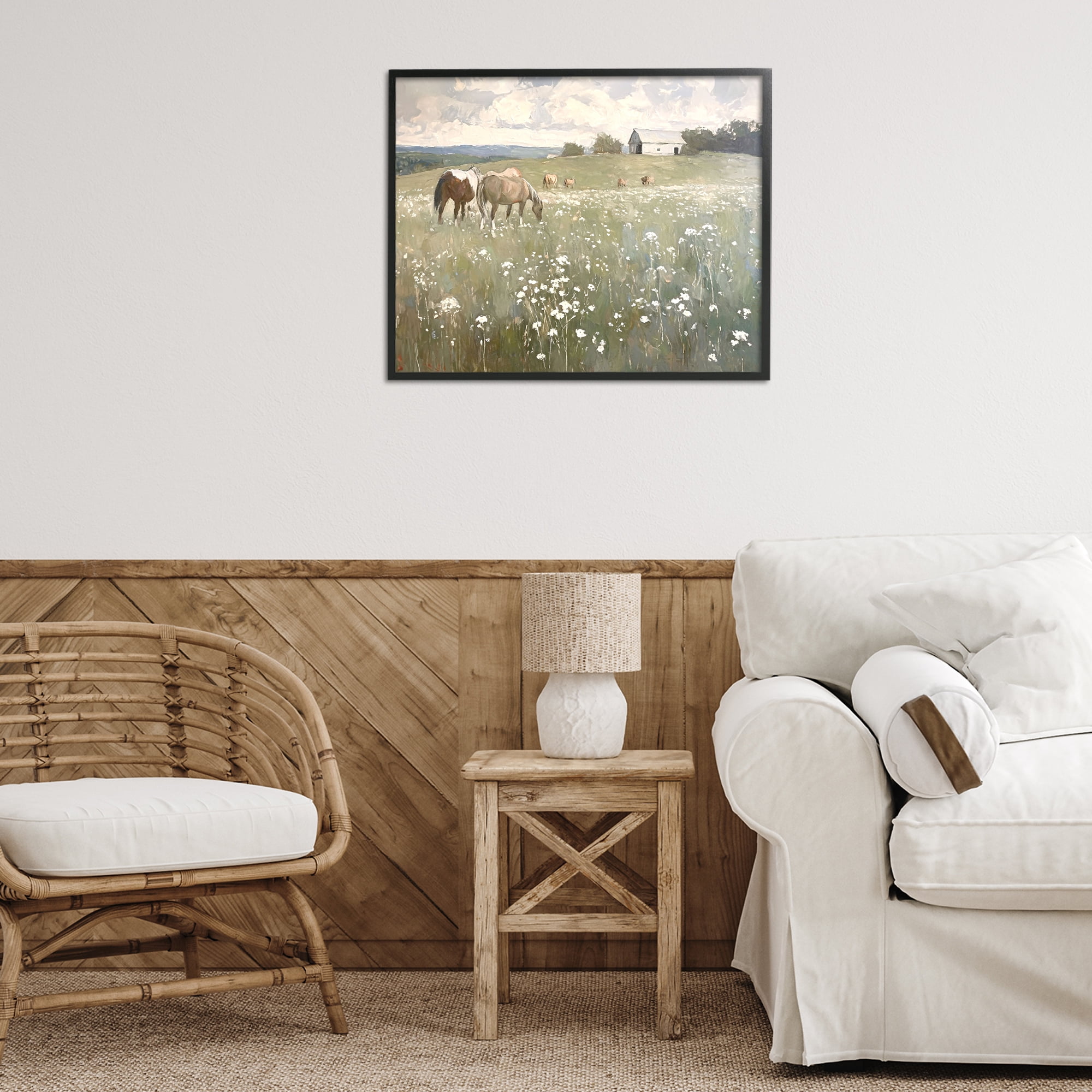 Stupell Industries Horses in Pasture Landscape Painting Black Framed Art Print Wall Art, 30 x 24