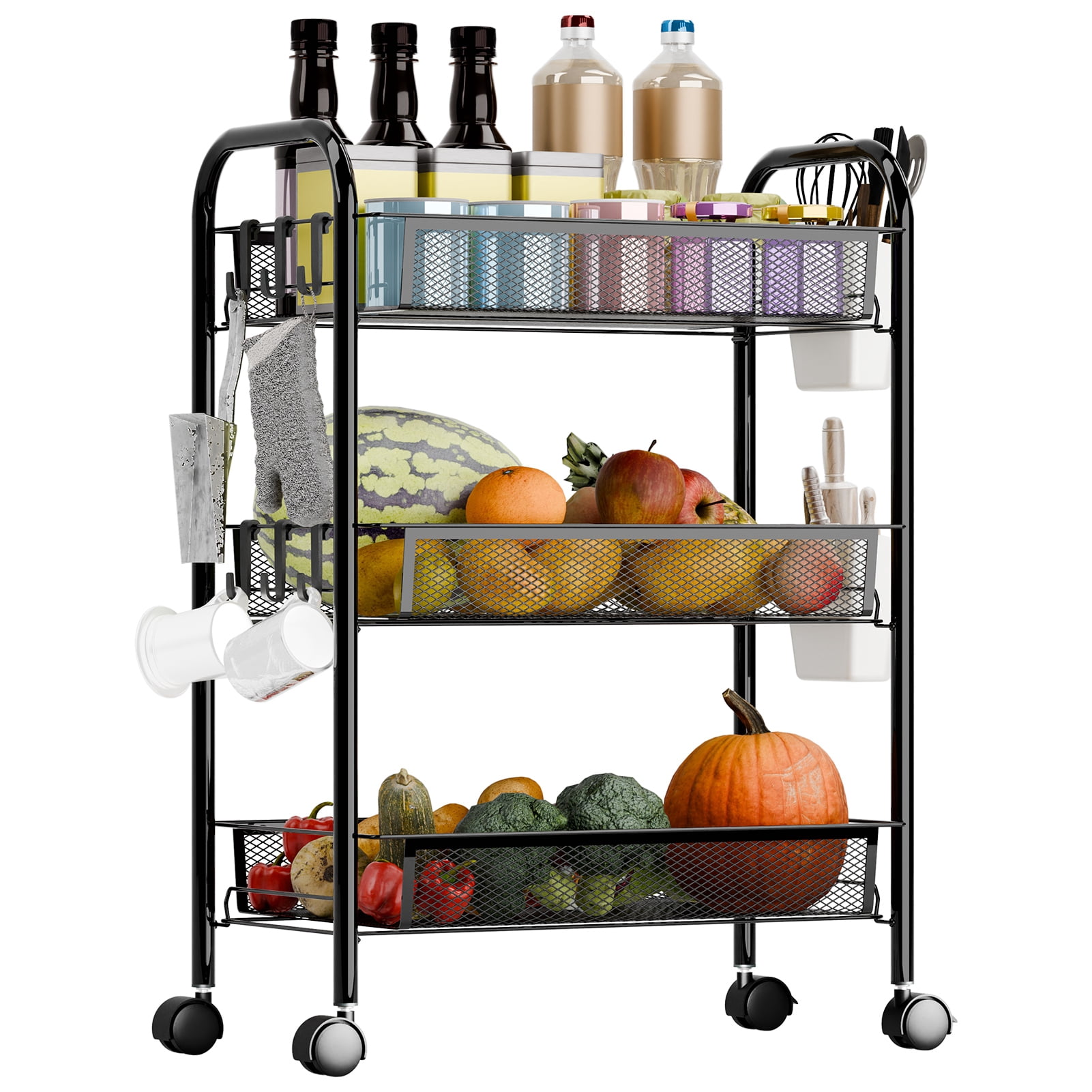 Fruit Vegetable Storage Basket, 5 Tier Stackable Metal Mesh Storage Basket with 360 Degree Wheels, Fruit Vegetable Produce Basket Storage Organizer for Kitchen, Pantry, Bathroom-3-Layers,Black