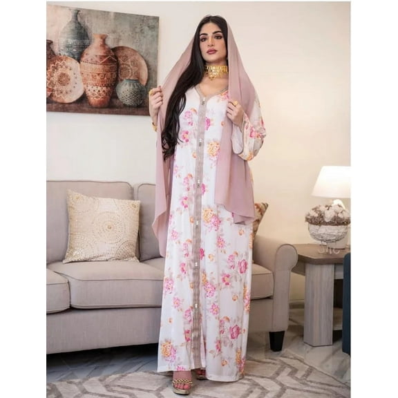 Amazing Snazzy Arabic Abaya Dress Eid Jalabiya Kaftan Dresses Women Dubai Abaya Turkey Floral Printed Loose Muslim Hijab Dresses