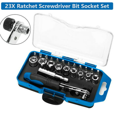 1/4" Drive Socket Mini Ratchet and Screwdriver Bit Set Reversible Ratchet,23pcs/set