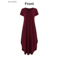 thumbnail image 4 of BadPiggies Short Sleeve Loose Maxi Dress with Pockets, Plain Casual Ankle Length Long Dress V Neck Summer T-Shirt Dress (XL, Wine Red), 4 of 8