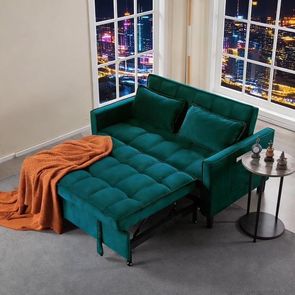 Gewnee Teal Velvet Pull-out Sleeper Sofa Bed - Solid Wood Frame, 2-Seater Loveseat for Home/Guest Room, Small Space Friendly