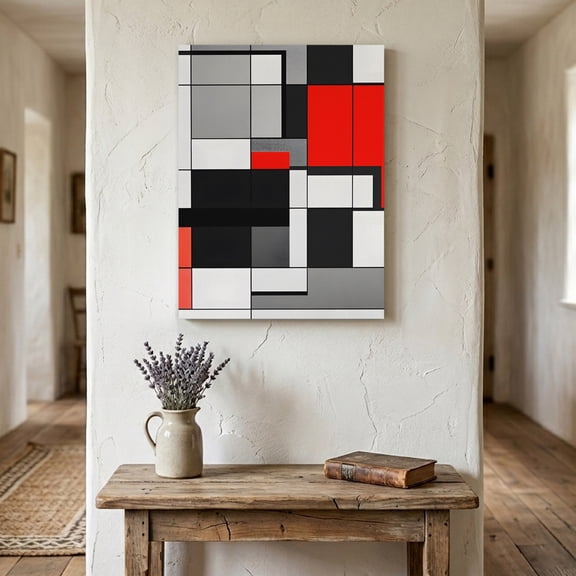 Ships Next Day Canvas Wall Art 16"x24", Black Red Geometric Wood Framed Canvas Print Painting, Red White Abstract Art Modern Ready to Hang Picture Wall Decor for Home Bedroom Living Room Dining