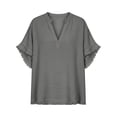 thumbnail image 4 of hlysgo Women's Cotton Blend Tops Notched V Neck Blouse Double Layer Frayed Raw Edge Sleeve Boho Beach Vacation Shirts Gray,L, 4 of 6