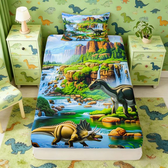 Manfei Cartoon Dinosaur Wildlife Twin Fitted Sheet,Funny Animals Bedding,Blue Brown,2pcs,1 Fitted Sheet and 1 Pillowcase