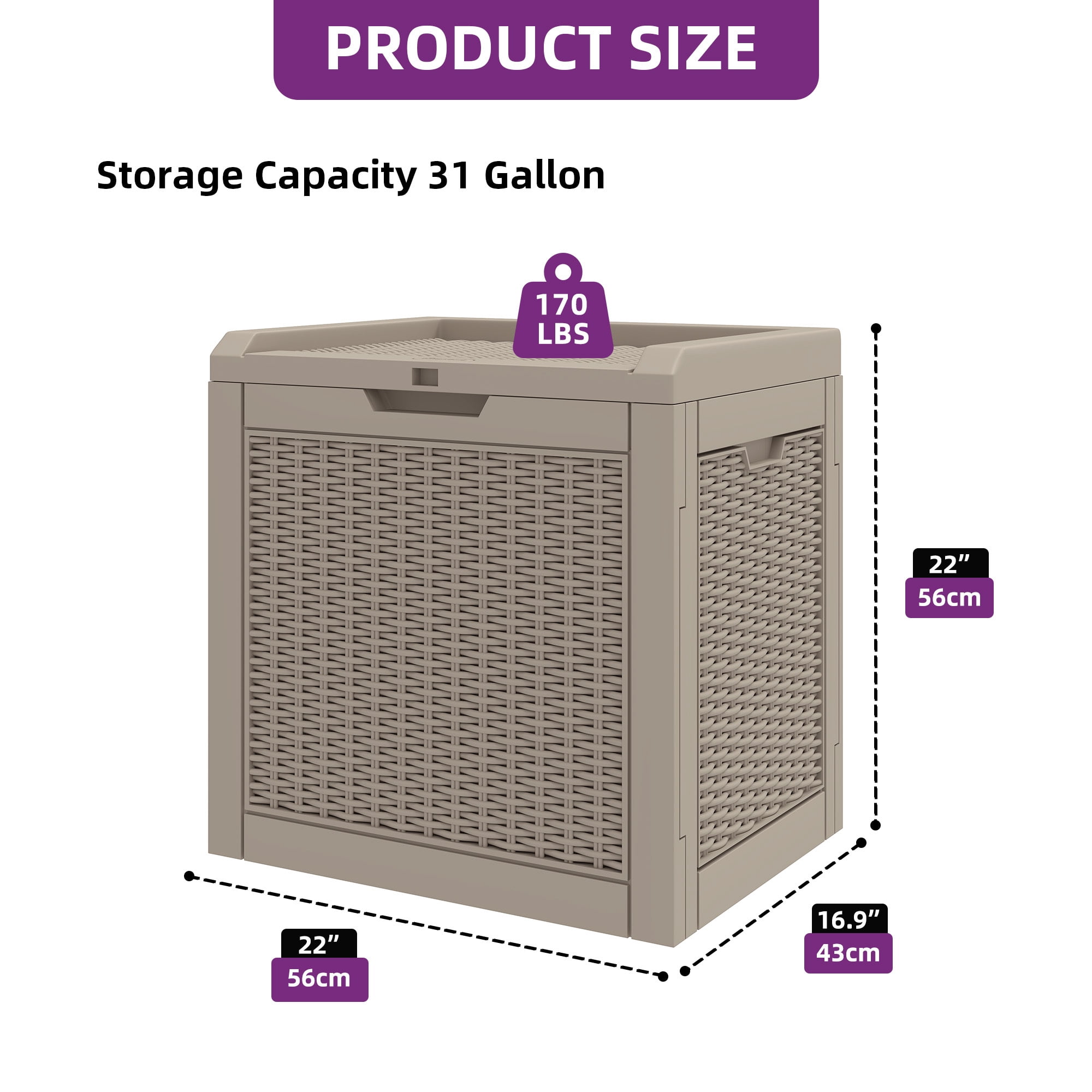 Uforic 35 Gallon Resin Outdoor Deck Box, Lockable Waterproof UV Resistant Storage Container for Patio Cushions Garden Tools, Light Brown