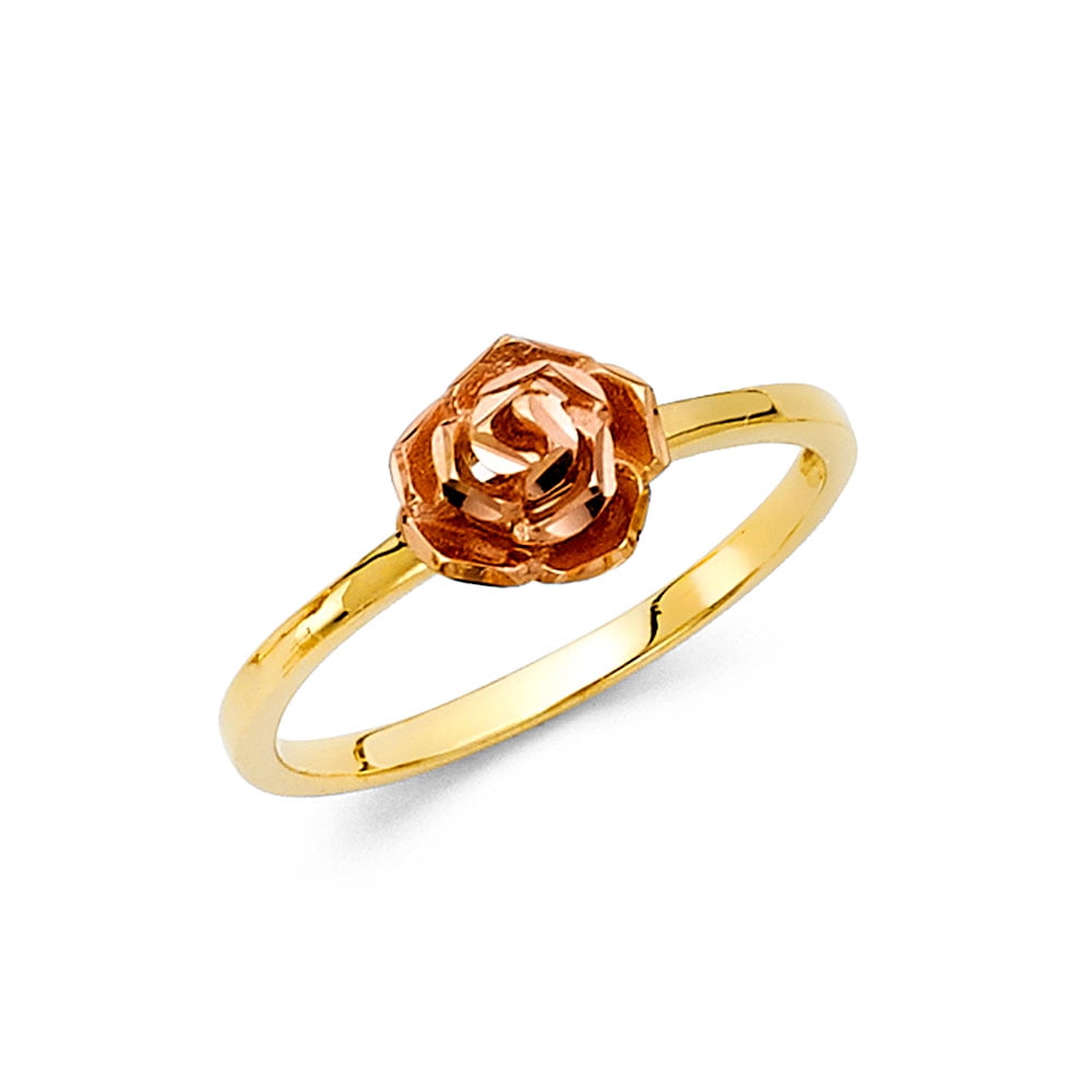 Rose Ring Solid 14k Rose Yellow Gold Flower Band Cocktail Ring Diamond