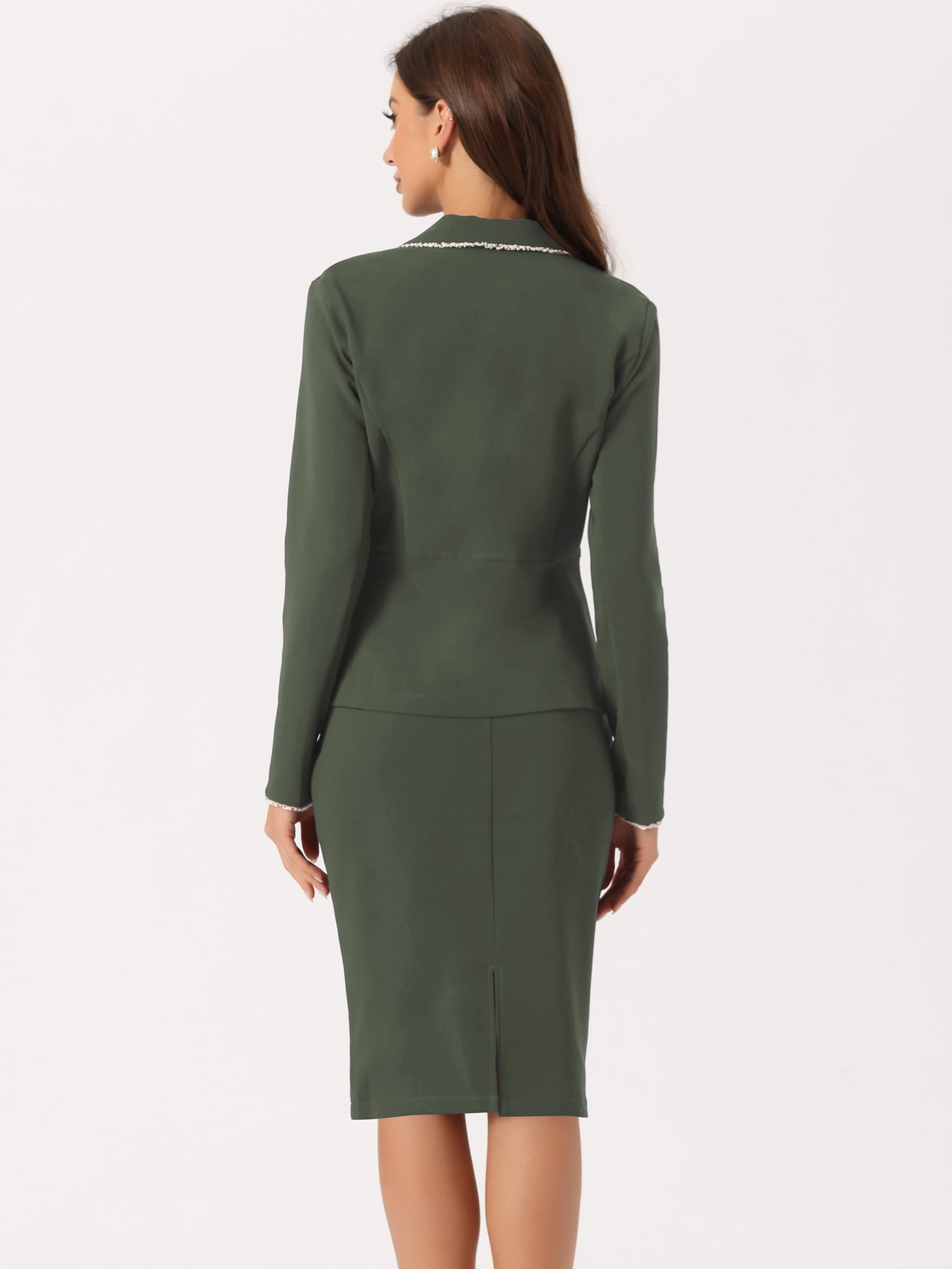 DARING DIVA Women's 2 Pcs Business Tweed Trim Blazer Skirt Outfit Sets L Green