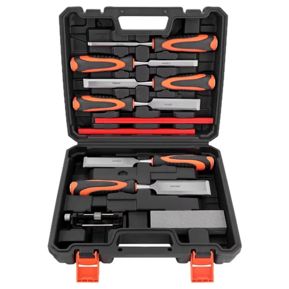 10pcs Premium Wood Chisel Set, 6pcs Wood Chisel with 1 Honing Guide, 1 Sharpening Stone and 2 Carpenter Pencils, Heat-Treated Cr-V Alloy Blades