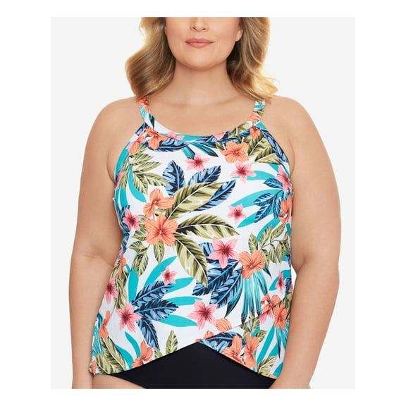 SWIM SOLUTIONS Women's White Tropical Print Stretch Adjustable Montego Bay Tankini Swimsuit Top 18W