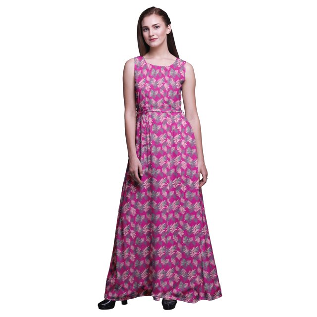 Bimba Robe Longue Sans Manches pour Femmes à Imprimé Feuilles Style Chic Maxi-Robe - Grande