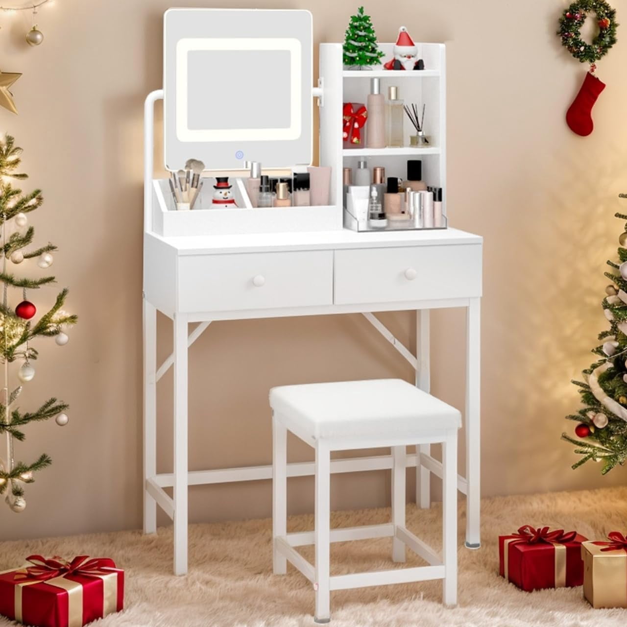 Makeup Vanity Desk with LED Mirror, 31.5” Vanity Table with 2 Drawers & Storage Shelves, White