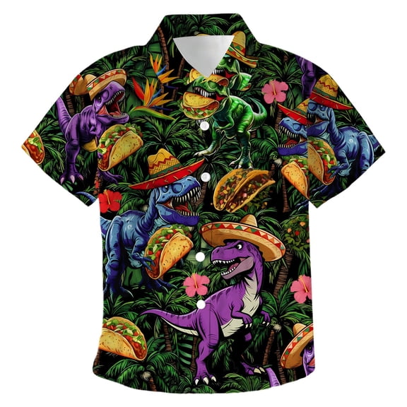 WOYY Boys Dinosaur Tropical Print Short Sleeve Shirt Summer Beach Button Up Shirt, Sizes 3-13
