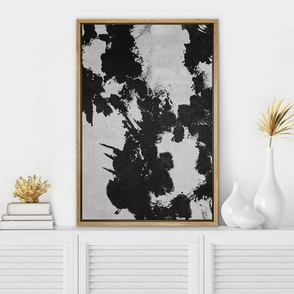 IDEA4WALL Framed Canvas Wall Art Ink Splashes Abstract Brushstroke Patterns Paint Modern Art Minimalist Relax/Calm Grey Black and White Print for Living Room, Bedroom, Office - 24"x36" Natural