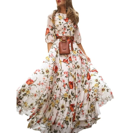 Women Long Sun Dress Wrap Boho Floral Slim Fit Long Maxi Dress For Women Summer Short Sleeve Family Party Holiday Club Beach Swing Pleated A-Line Sundress Beachwear Size