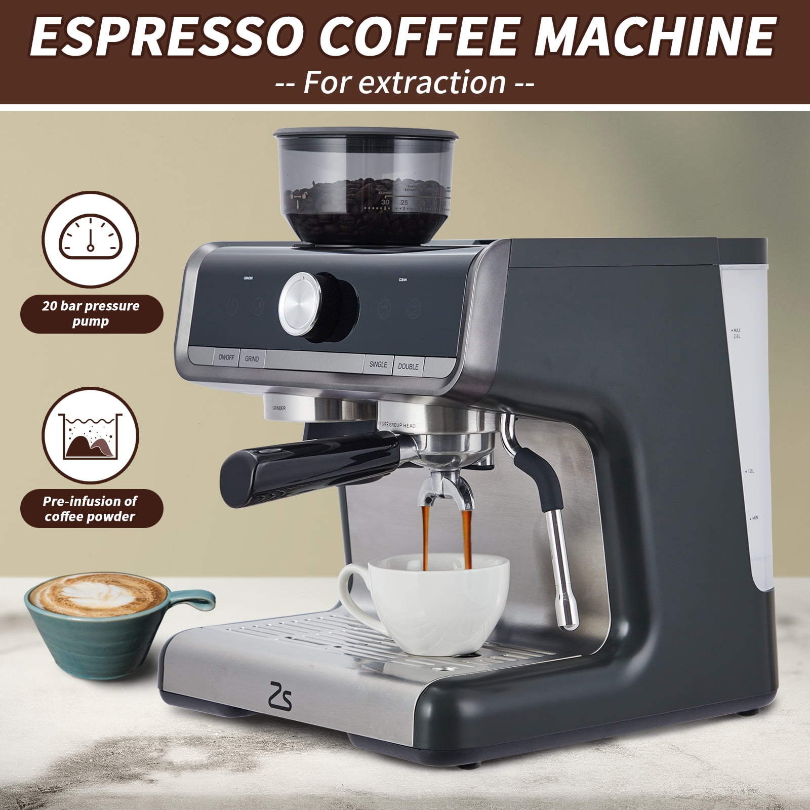 Espresso Machine with Grinder, Milk Frother Wand, 1450W, 20 Bar Professional Espresso Maker with Barista Kit, 2.8L Water Tank for Cappuccinos or Macchiatos