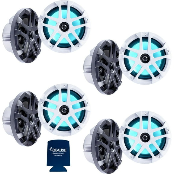 Memphis Audio LED Marine Speaker Pack: 4 Pairs of MXA80L 8" Marine Grade, Included Black and White Grills With RGB LED