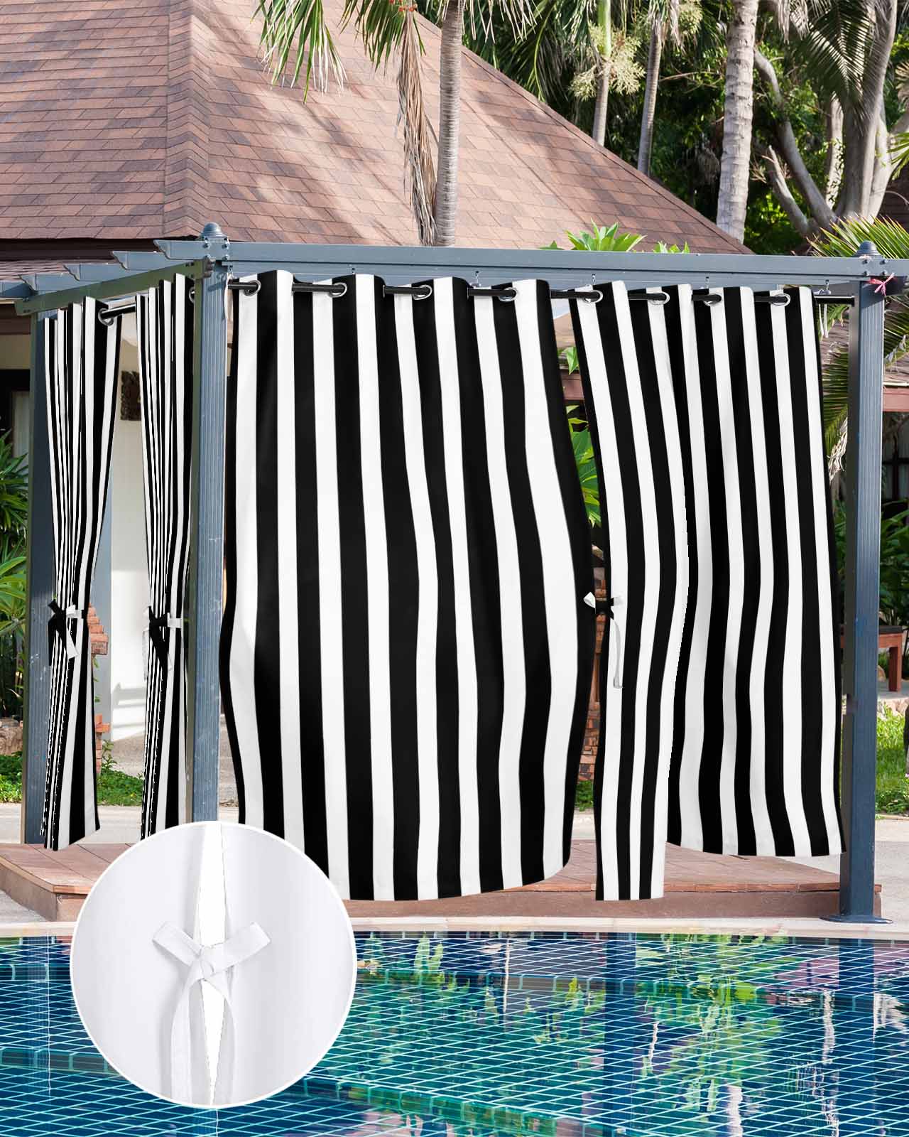 Black Striped Outdoor Curtains for Patio, Modern Farmhouse Black and White Stripes Privacy Drapes Grommet Waterproof Outside Curtains for Porch/Cabana/Balcony 54"x 108", 1 Panel