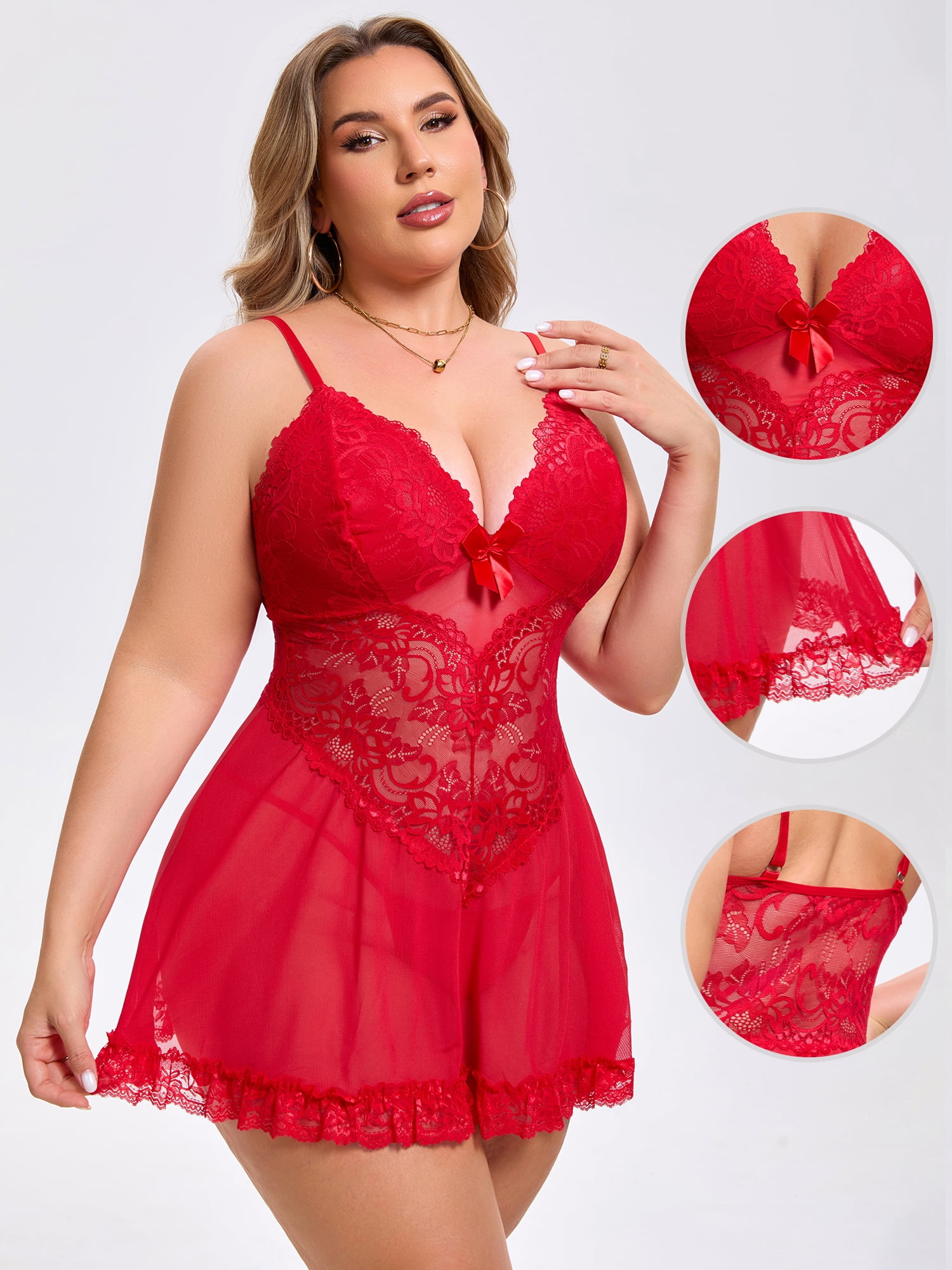 DARING DIVA Women's Plus Size Lingerie Lace V Neck Mesh See Through Chemise 2XL Red