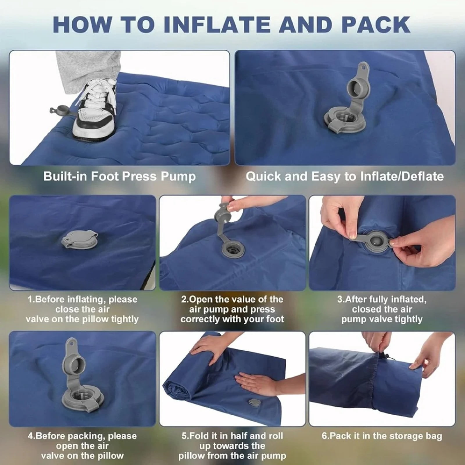 JOVELL Inflatable Sleeping Pad with Built-in Foot Pump & Pillow, 4.7" Thick Waterproof Camping Air Mattress, Self Inflating Sleep Pad for Backpacking, Hiking, Tent, Navy