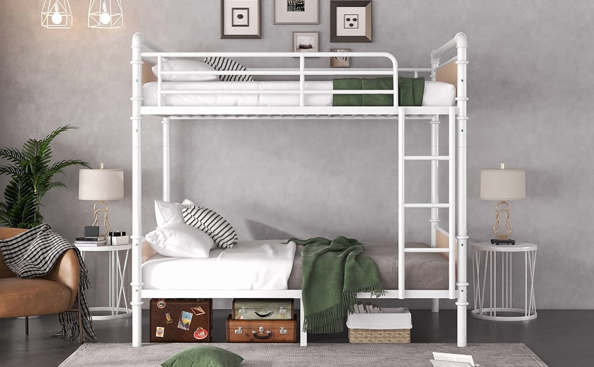 HOQBN Bunk Bed Twin XL over Twin XL,Industrial Metal Bunk Bed Frame with Safety Guardrails,White