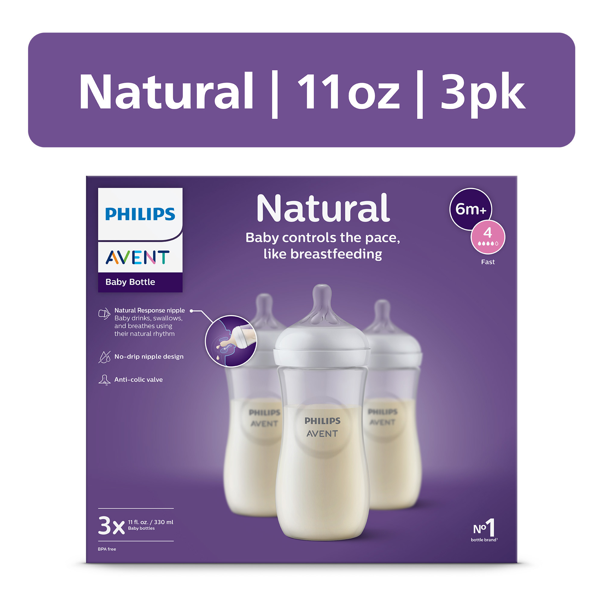 Philips Avent Natural Baby Bottles, 11 oz, Fast Flow, 3-Pack photo 1
