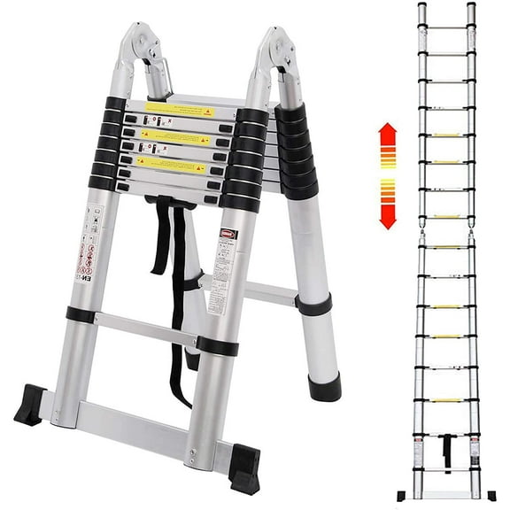 Dayplus 5m/16.5ft Telescopic Ladder, Aluminium Ladder, Extendable Folding Ladder, 2.5 m   2.5 m Telescopic Ladder with Stabiliser