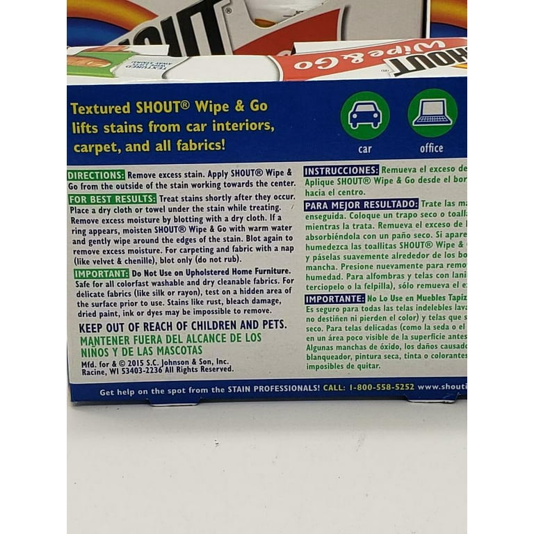  Shout Wipes, Wipe and Go Instant Stain Remover, Laundry Stain  and Spot Remover for On-the-Go, 12 Wipes per Carton - Pack of 12 Cartons  (144 Total Wipes) : Health & Household
