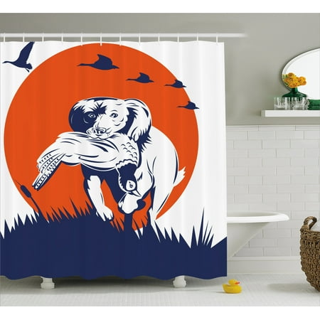 Hunting Shower Curtain, Cocker Spaniel Breed Dog Retrieving the Pheasant Flying Ducks at Sunset, Fabric Bathroom Set with Hooks, Dark Blue Orange White, by