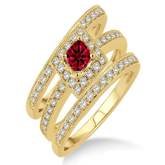 2 Carat Ruby & Diamond Trio set Halo Ring with Princes Cut diamond on 10k Yellow Gold