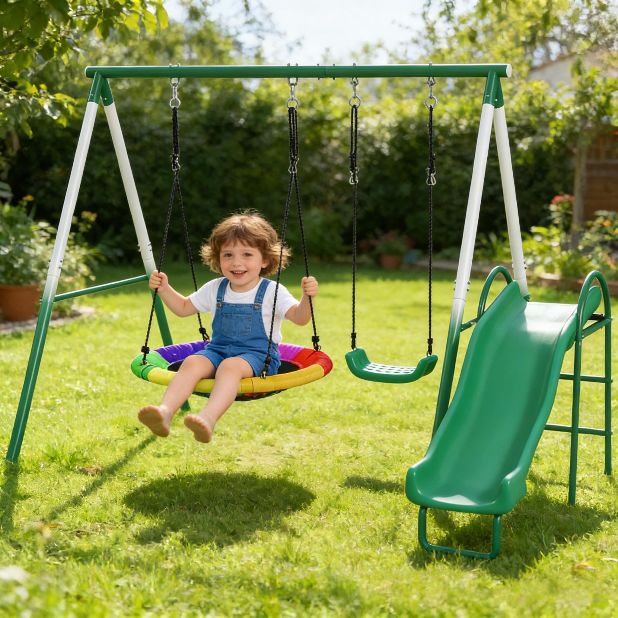 Kids Swing Set with Saucer Swing Seat Slide 265 lbs Capacity A-Frame Steel for Backyard Ages 3-8
