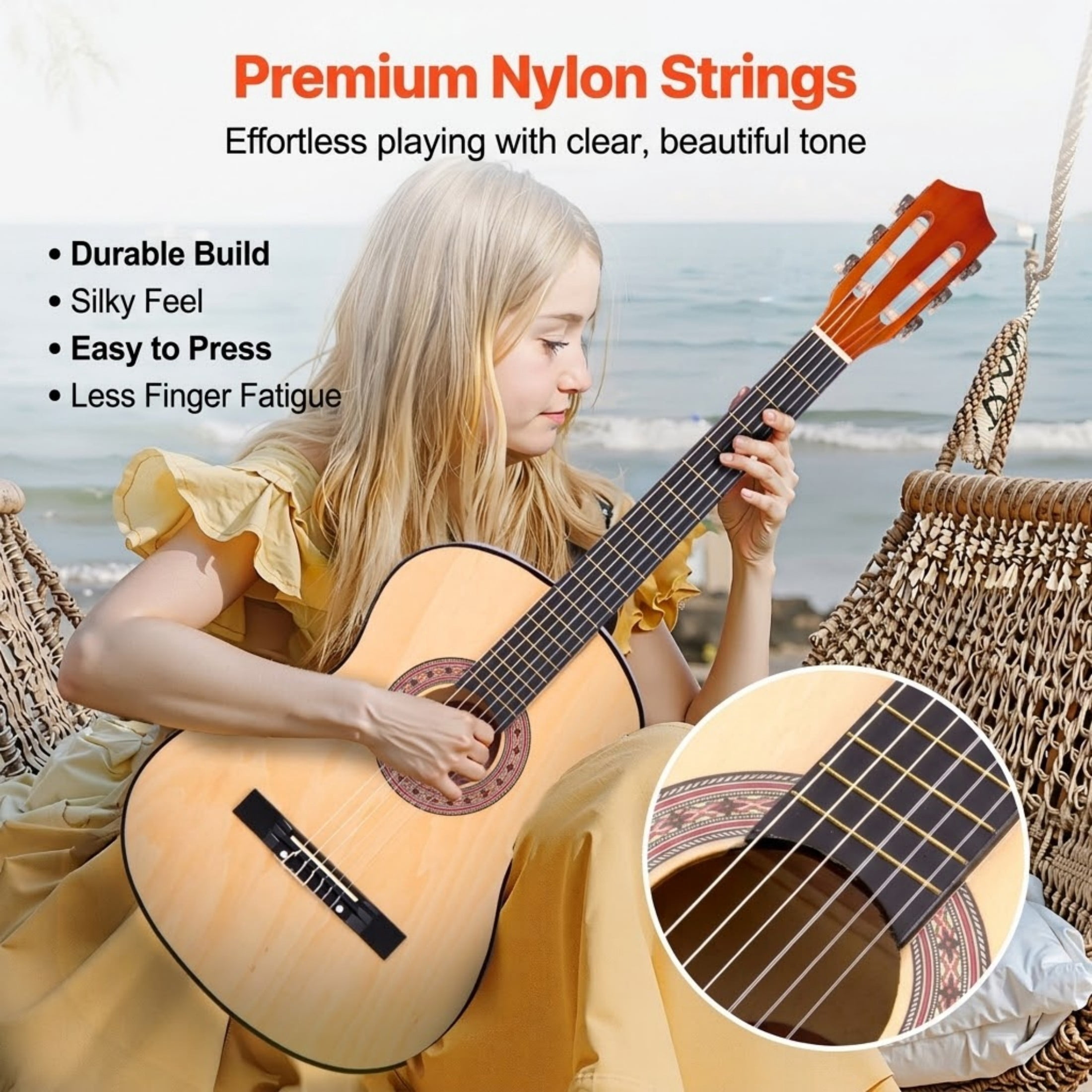 38-Inch Classical Guitar Beginner Starter Kit, Basswood Wood Guitar with Nylon Strings, Gig Bag & Tuner, Natural