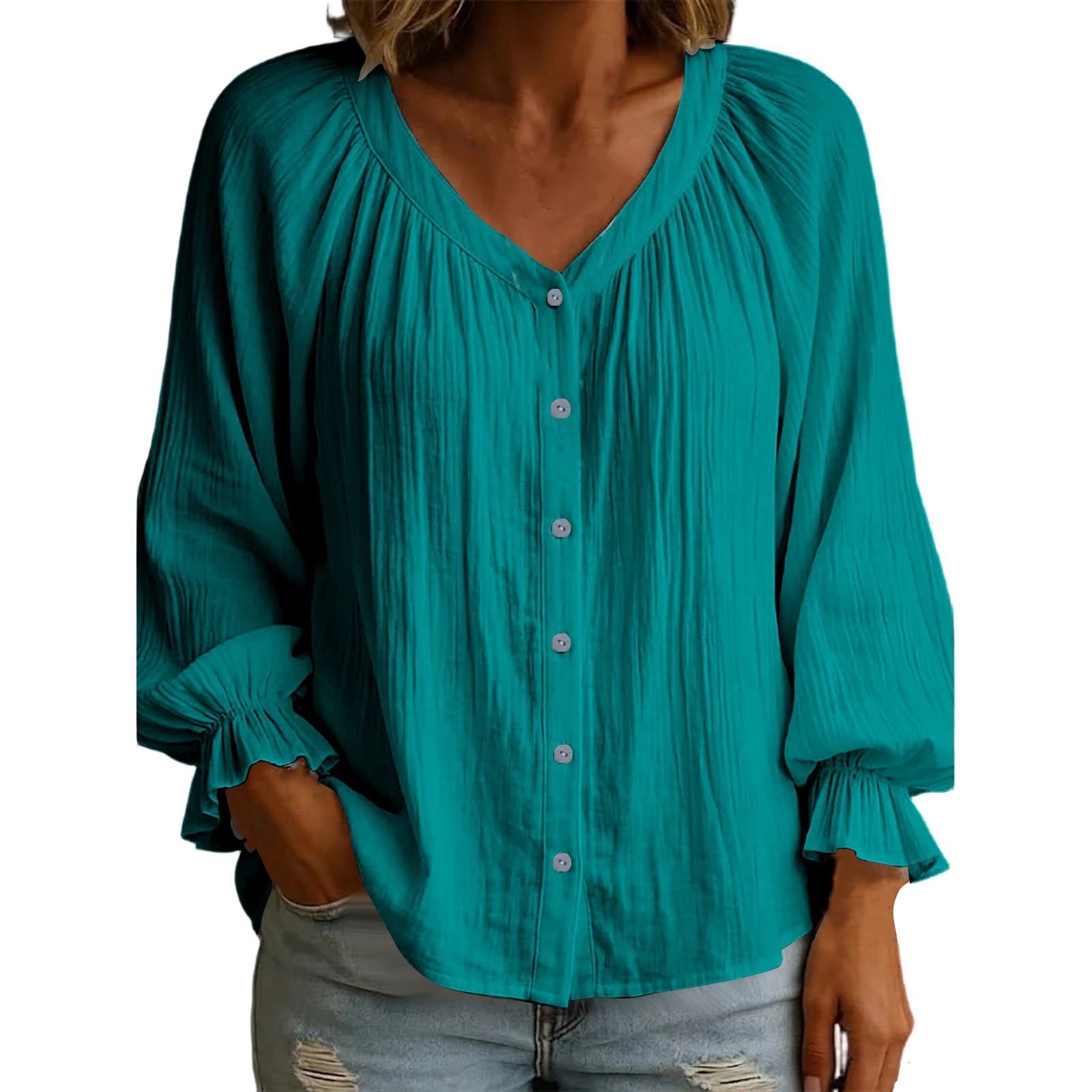 Women's Cotton And Linen Solid Color V-neck Pleated Puff Long-sleeved Ruffled Cuffs Button Pleated Casual Loose Top