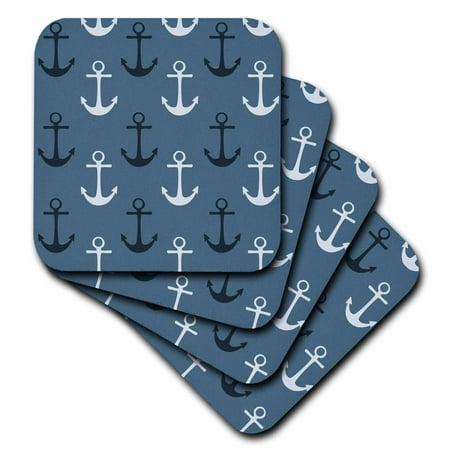 - 3dRose Nautical Anchors in Blue and White beach theme, Soft Coasters, set of 4